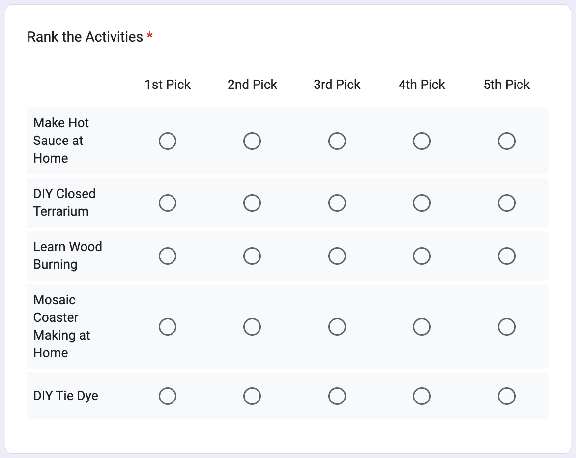 Example of a survey we created to choose a virtual team building activity.